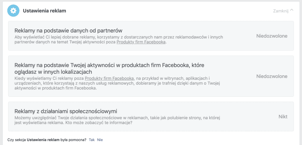 ustawienia reklam facebook